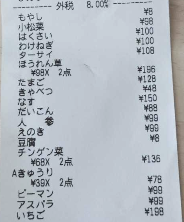 激安青果店のレシート