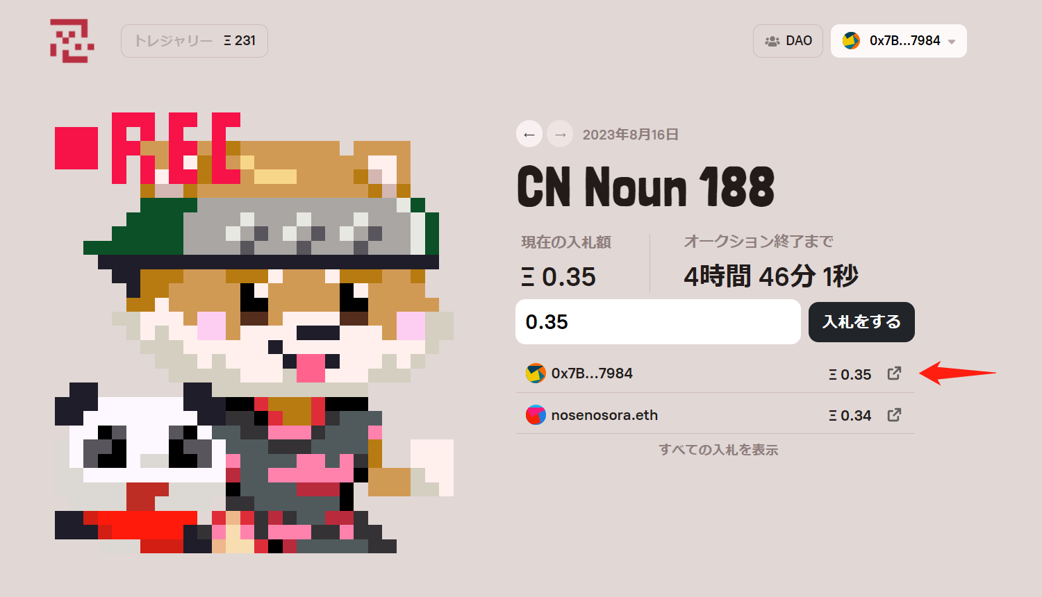 CryptoNinja Nouns入札